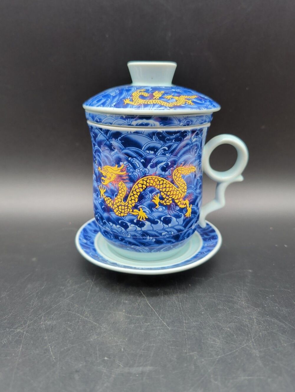 Vtg Chinese Imperial Dragon Ceramic Tea Mug with Infuser Lid & Saucer Blue Gold